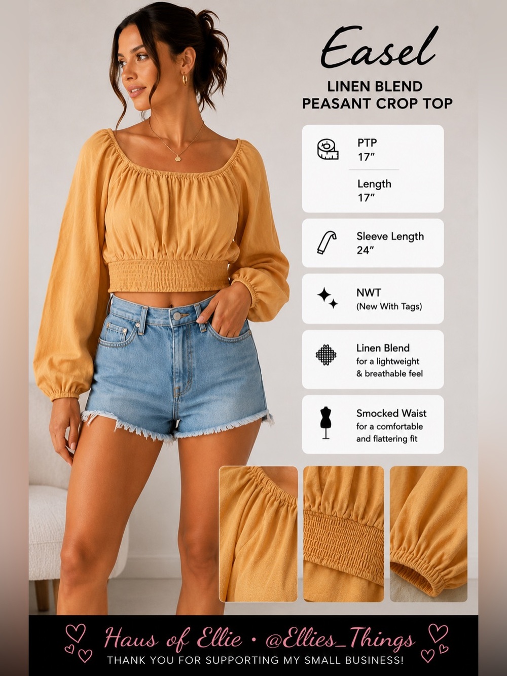Easel Linen Blend Peasant Crop Top NWT Small Mustard